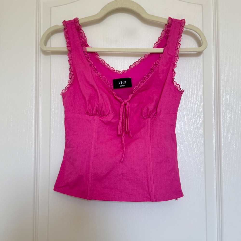 Vici Pink Fitted Tie Front Ruffled Linen Camisole